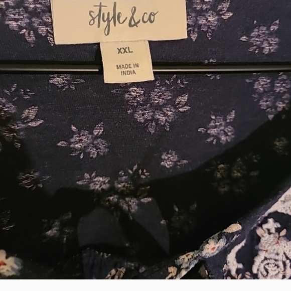 Style & Co XXL Navy Floral Short Sleeve Blouse Tie Neck - Picture 4 of 4